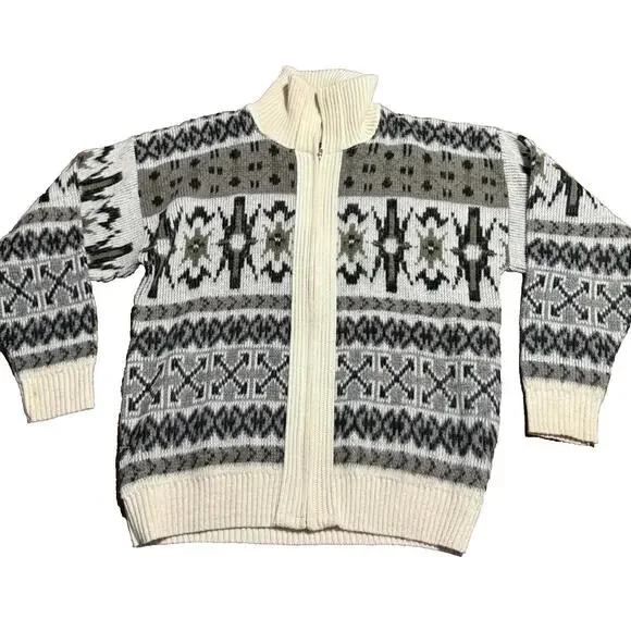 London Fog L XL Vintage Full Zip Ski Sweater Nordic Aztec Snowflake 70s 80s - Picture 1 of 10